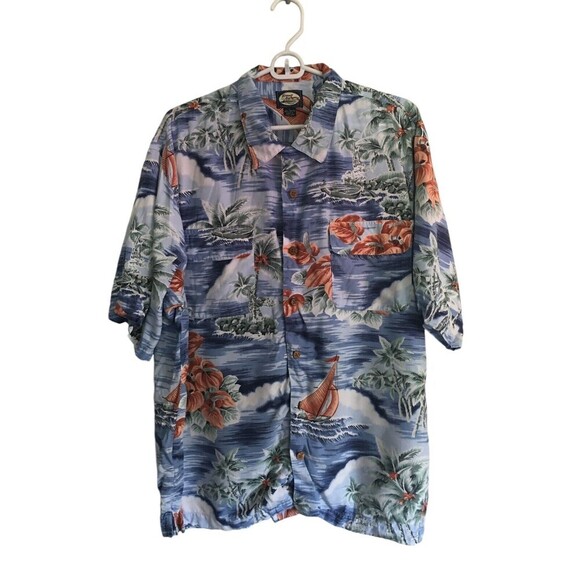 Tommy Bahama Hawaiian Button Up Shirt Mens Size Large Blue Tropical Short Sleeve - Picture 1 of 6